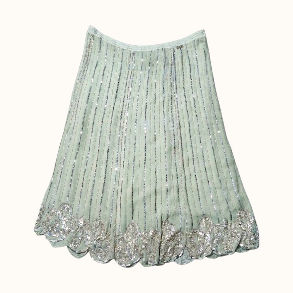 Vintage 100% Pure Silk Beaded Sequin Scalloped Midi Skirt Light Green 2x-3x